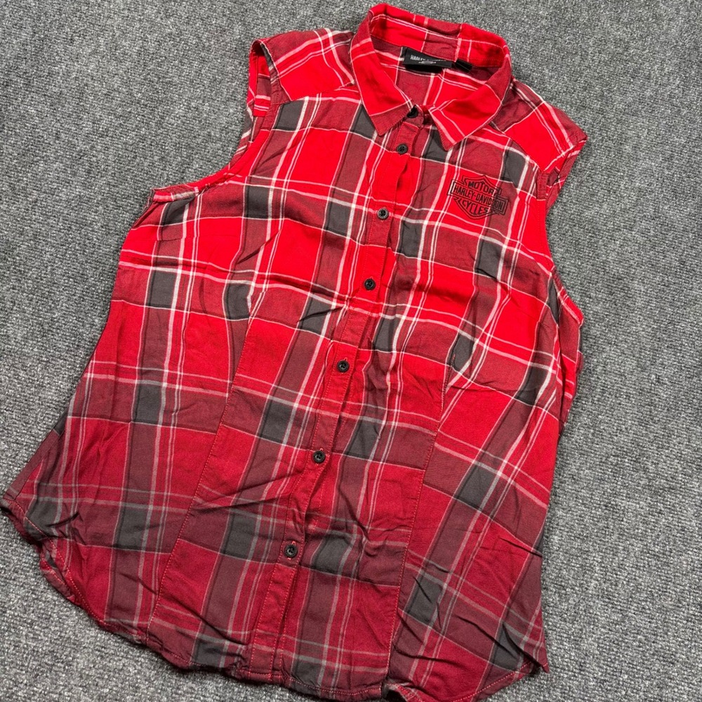 Harley-Davidson Sleeveless Plaid Shirt Women Large Red Plaid Embroidered Logo